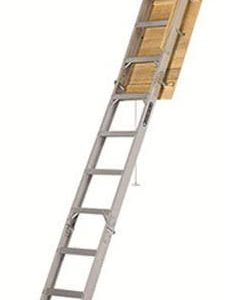 25-1/2 by 54-Inch Elite. 7'8′′-10-Foot Ceiling Height. 375-Pound Capacity. Type IAA. AA2510. Aluminum Ladder. attic. x Rough Opening. Silver